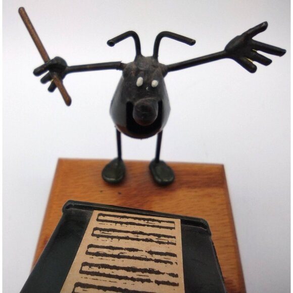 Metal Flea Music Conductor on Wood Block Vintage 1980s Insect Sculpture 3 Inch - Picture 2 of 8